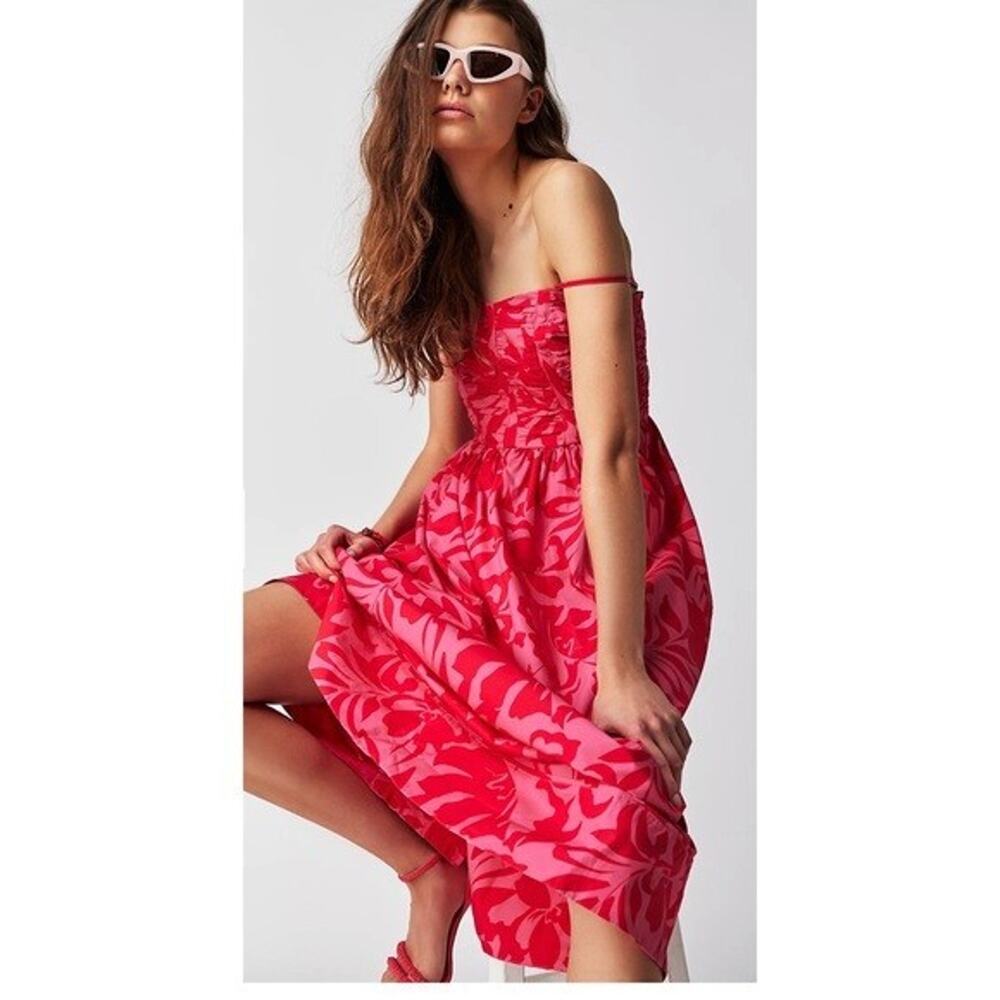 New Free People Shona Joy Antonia Ruched Midi Dress $365 SIZE 4 Pink/Red Floral
